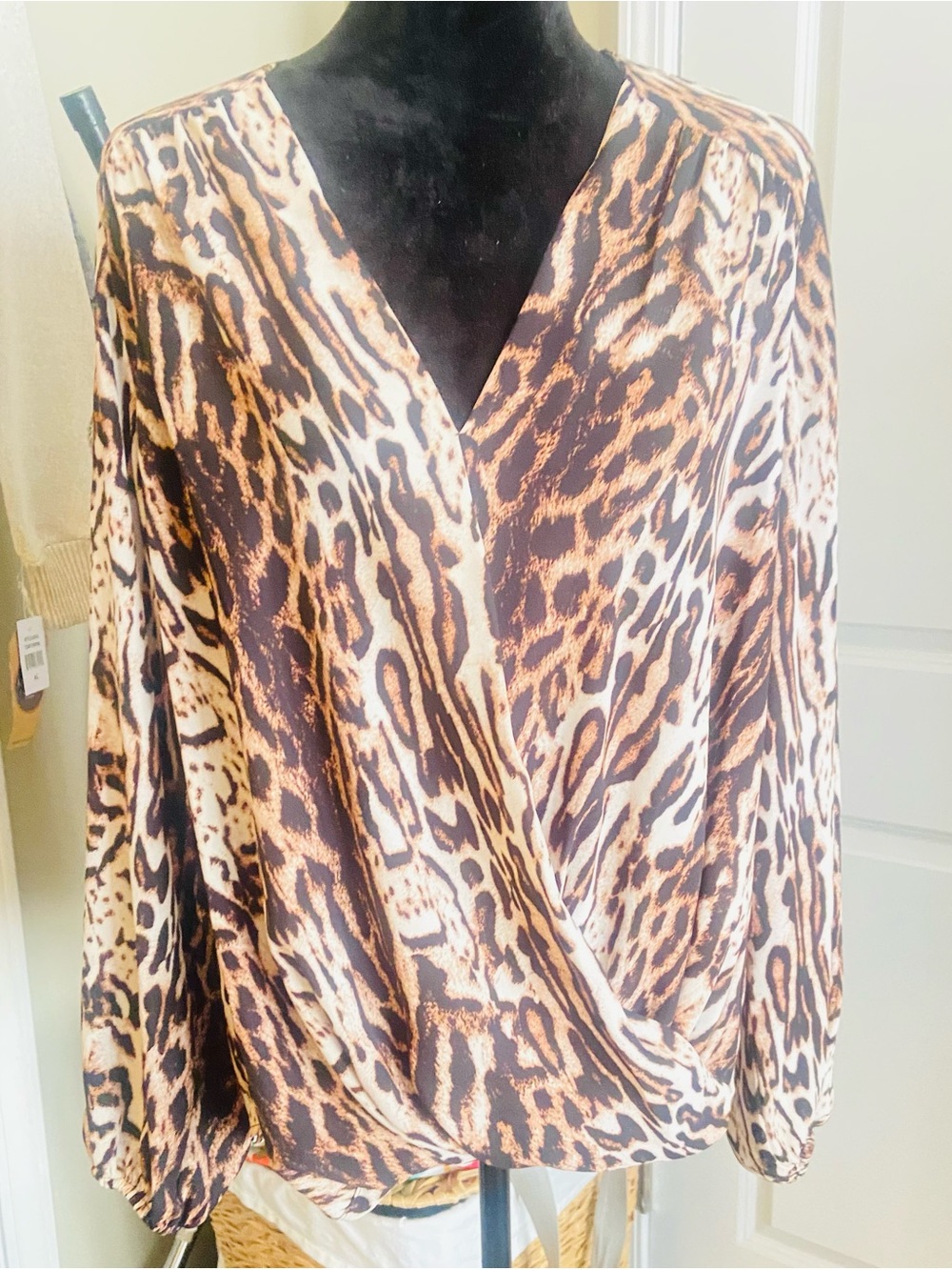 INC International Concepts Brown and Black Leopard Print Surplice Blouse